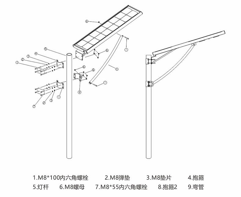 东莞丝瓜成视频人app下载localhost照明抱箍式一体化LED太阳能路灯安装示意图