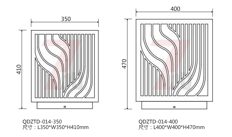 (QDZTD-014)古铜拉丝割花方形矮柱柱头灯350mm、400mm大规格尺寸示意图
